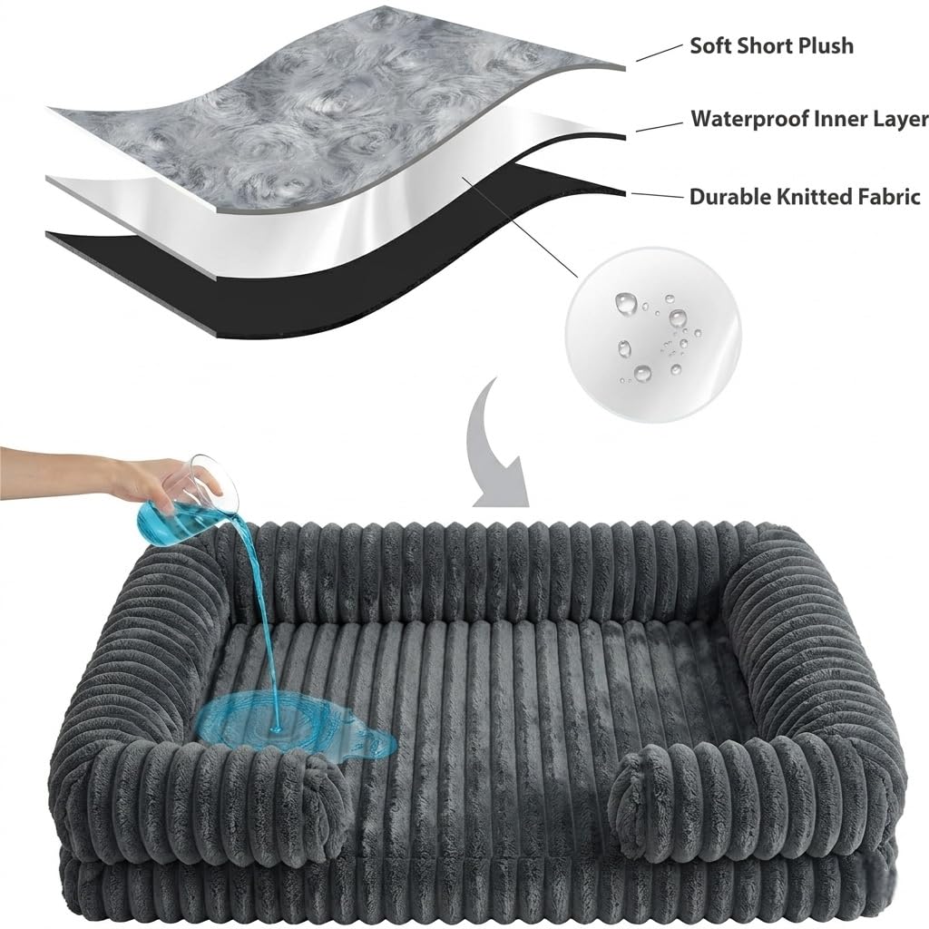 Striped plush bolster calming dog bed, view 4