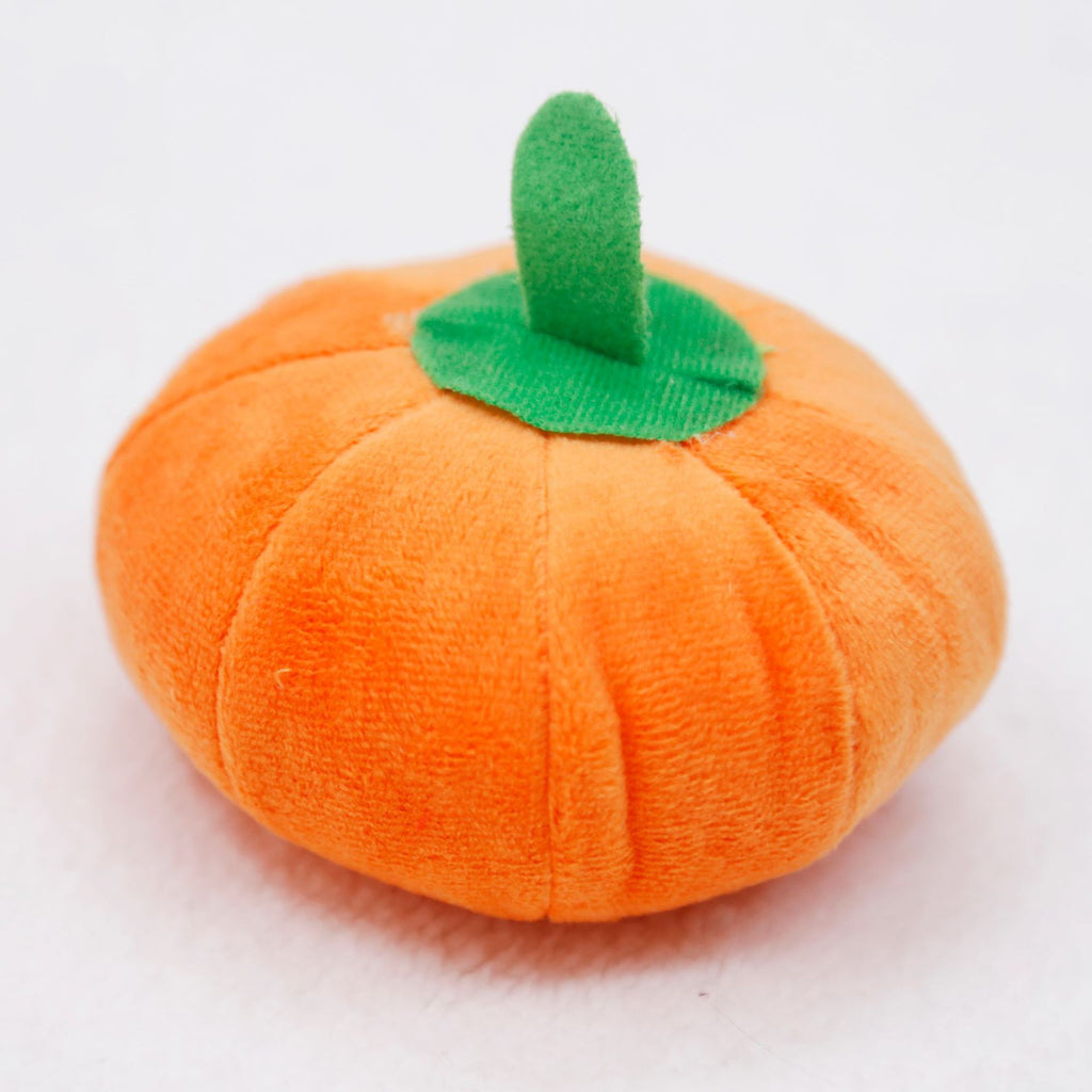 Small squeaky orange pumpkin plush dog toy, view 6