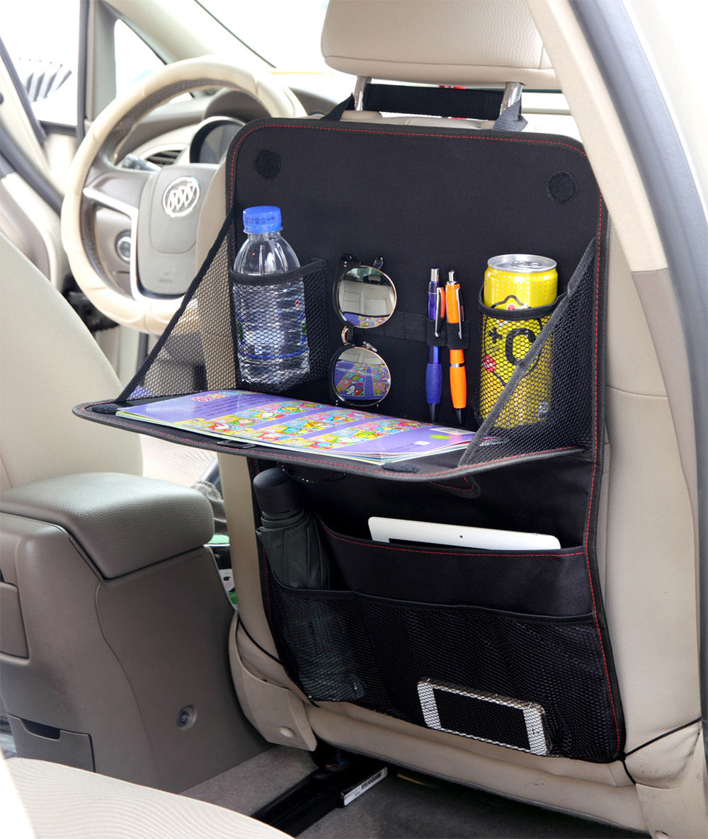 Car backseat organizer with fold-down tray and pockets, view 2