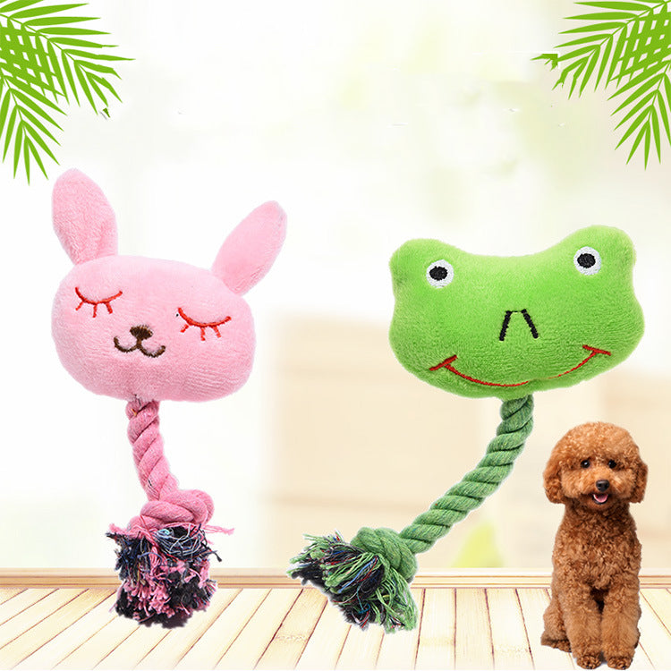 Squeaky plush pink bunny and green frog puppy toys, view 2