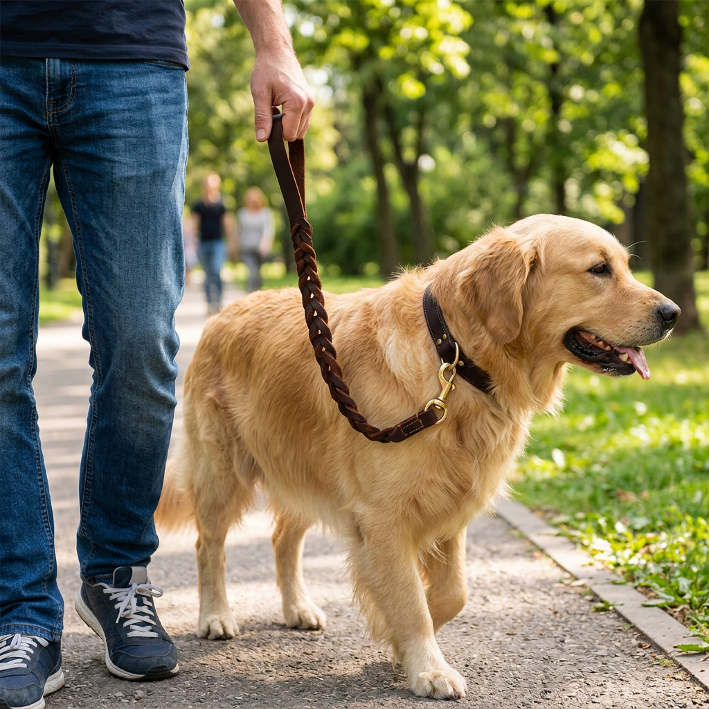 Braided Leather Short Dog Leash Traffic Lead