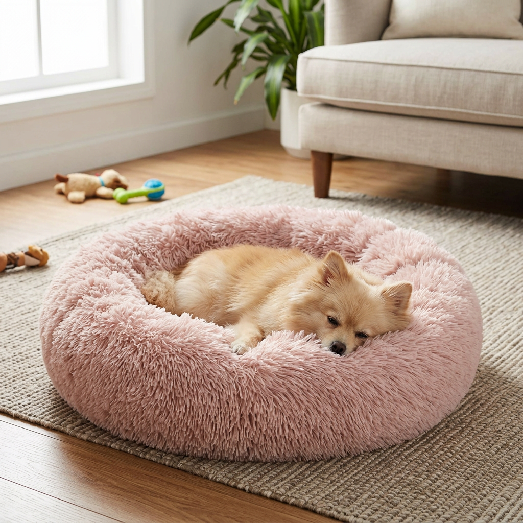 Plush Round Dog Bed with Raised Rim, Machine Washable