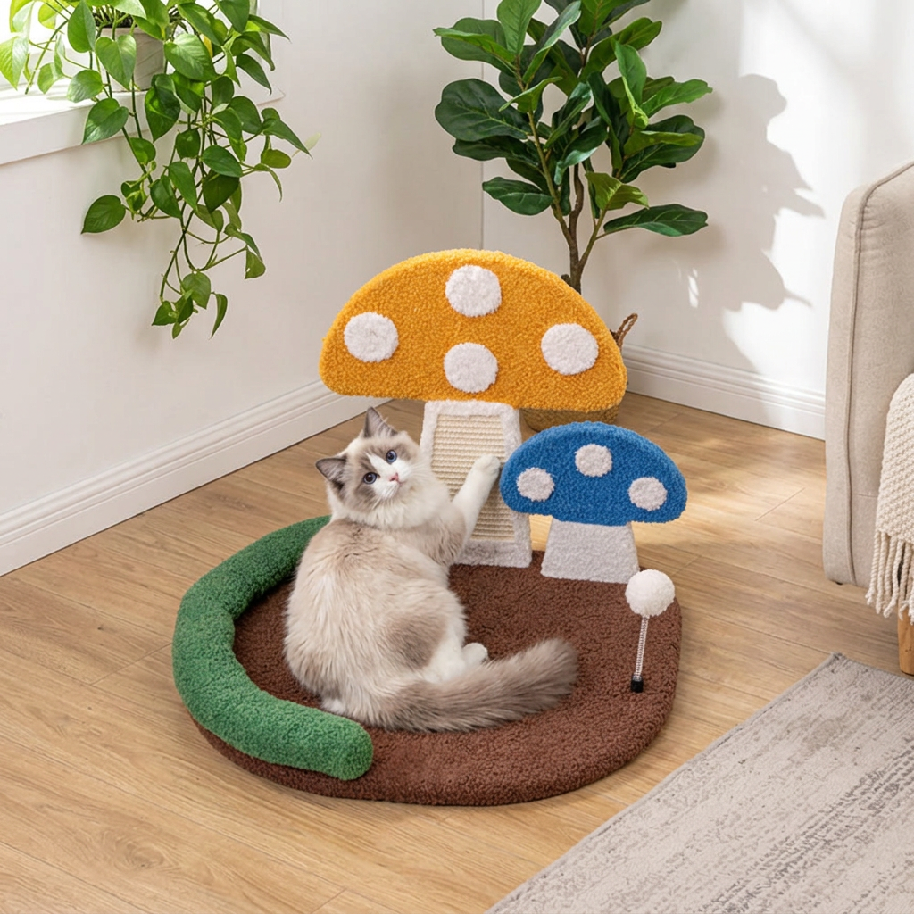 Cat Bed with Sisal Scratching Panel and Cushioned Headrest