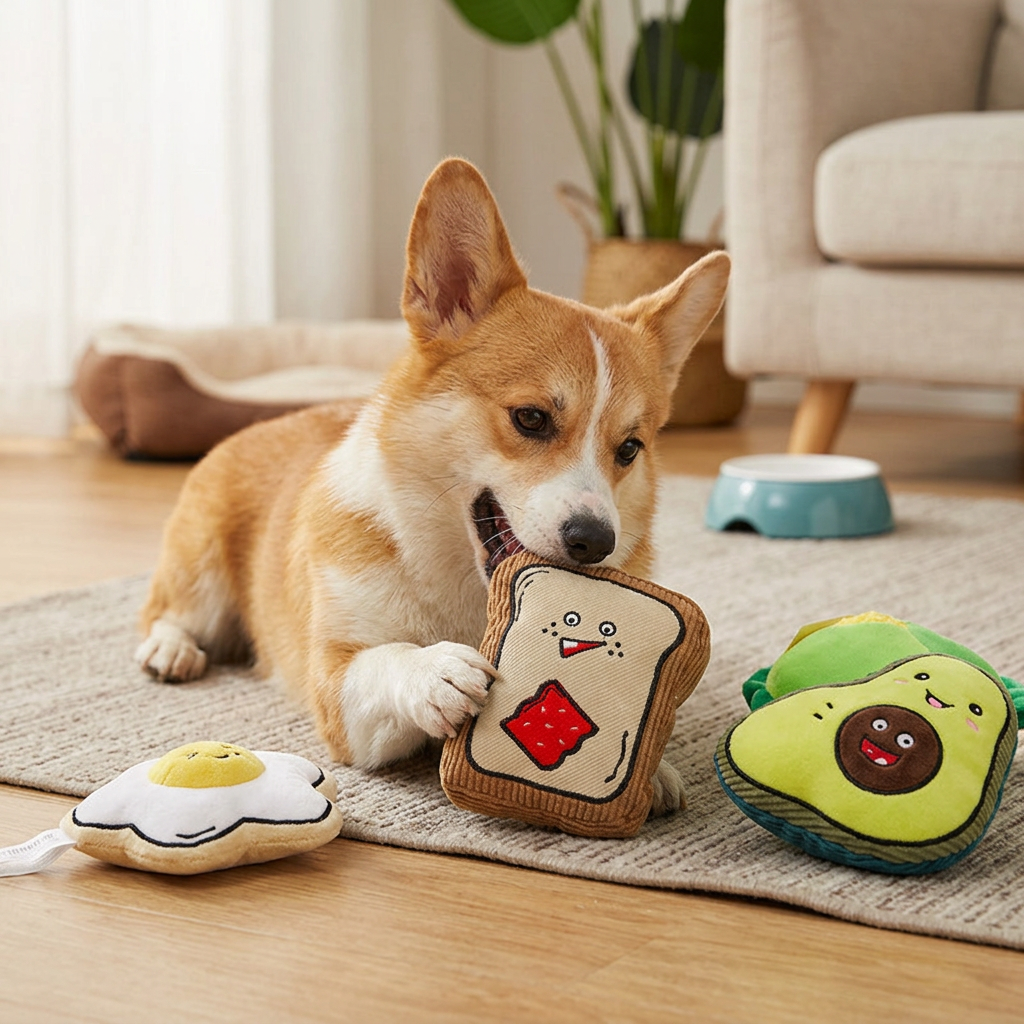 Squeaky Plush Dog Toy Avocado Toast Fried Egg Brunch Set