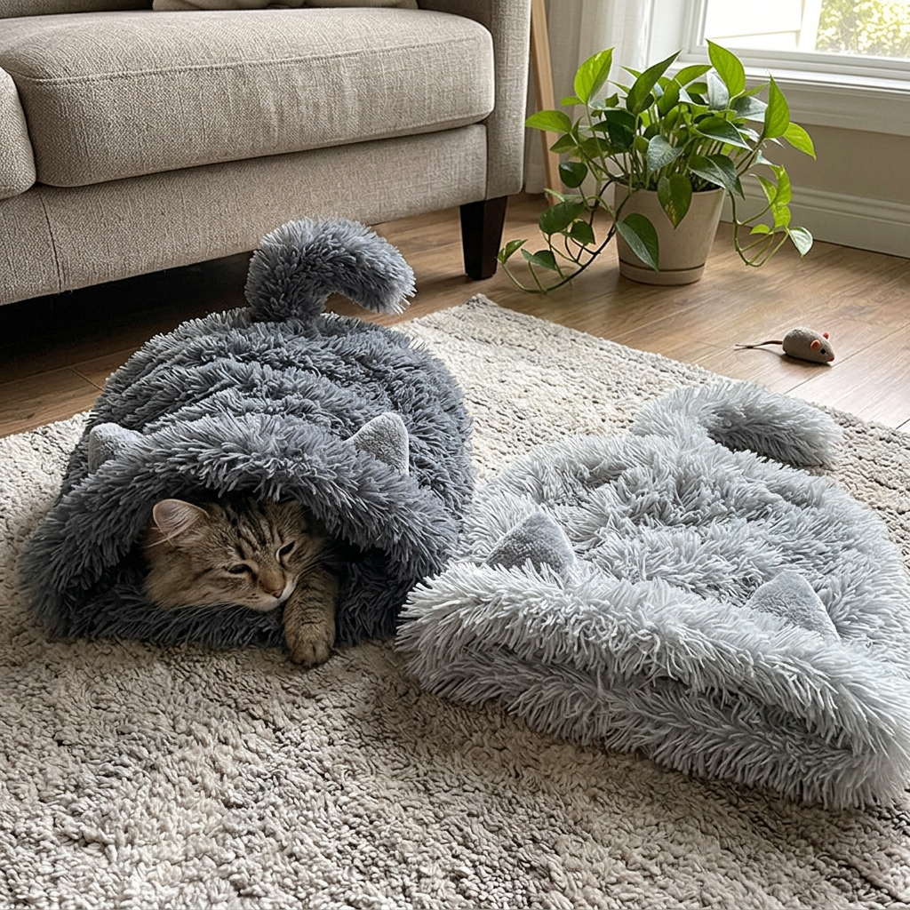 Long-Pile Plush Cat Cave Bed, Enclosed Sleeping Bag