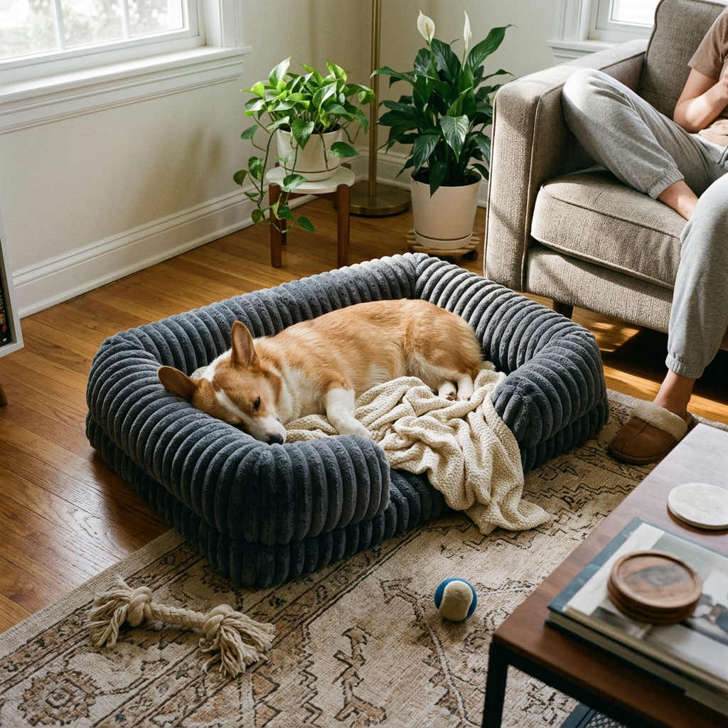Striped Plush Bolster Dog Bed, Washable Non-Slip Calming Bed