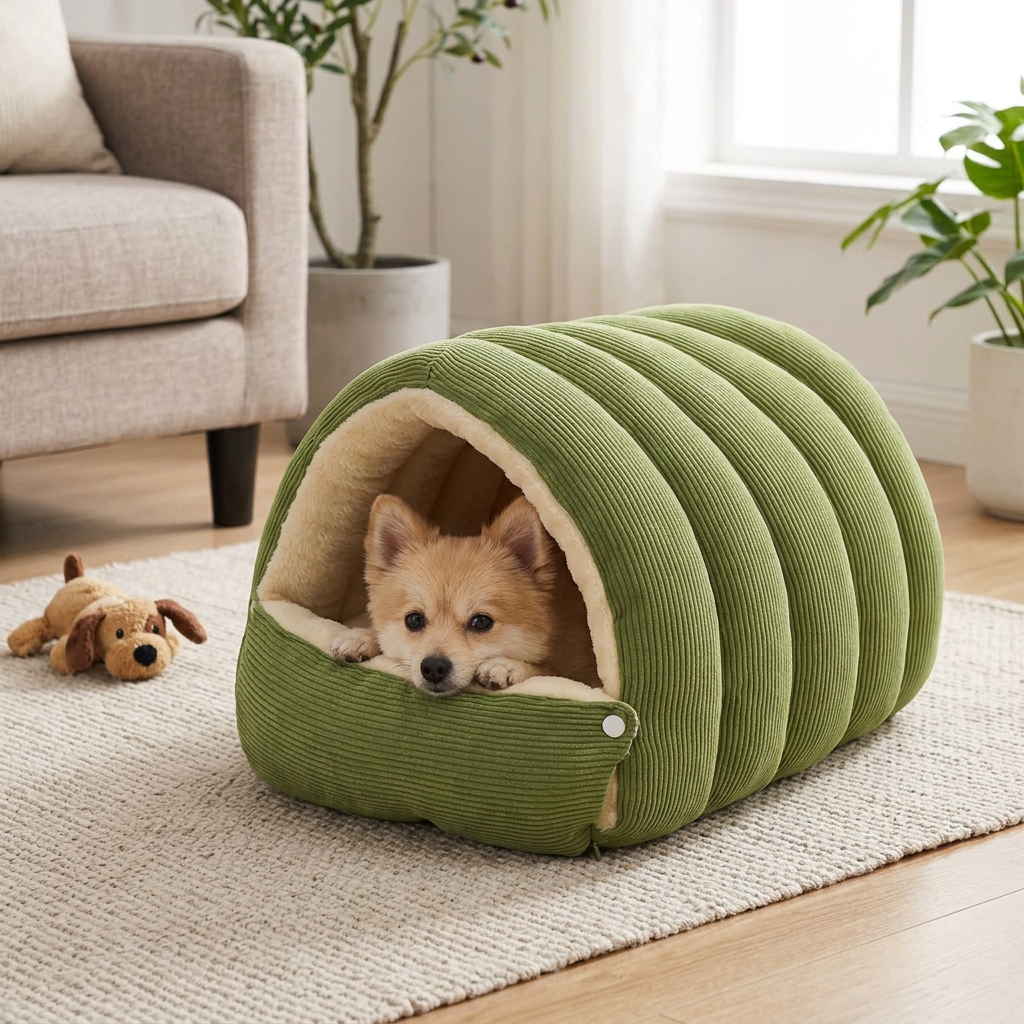 Corduroy Dog Cave Bed, Covered Burrow Bed for Small Dogs