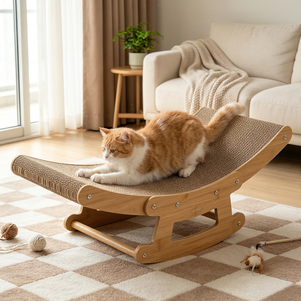Rocking Cat Scratcher Lounge, Wood Frame & Cardboard Pad