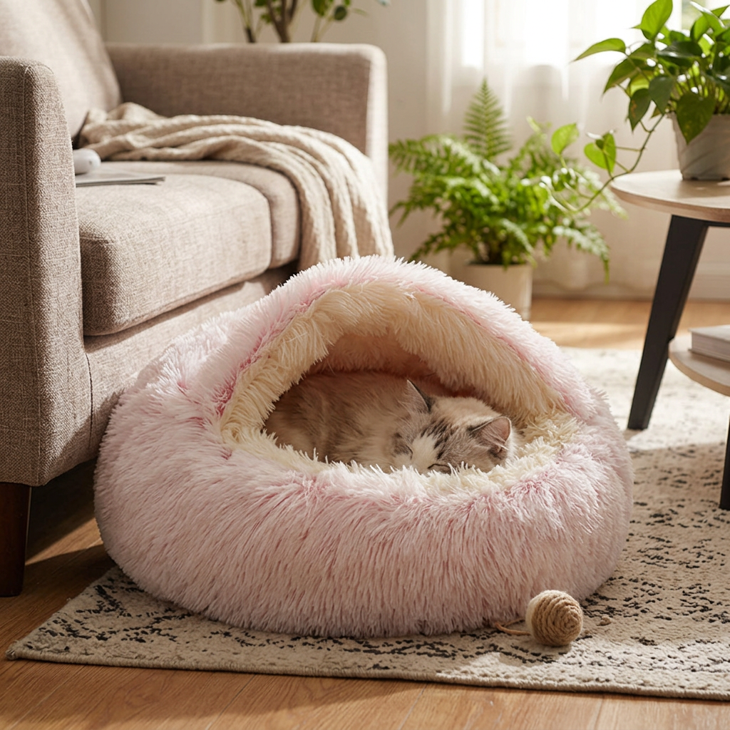 Semi-Enclosed Plush Cat Nest Bed, Warm Velvet Cave