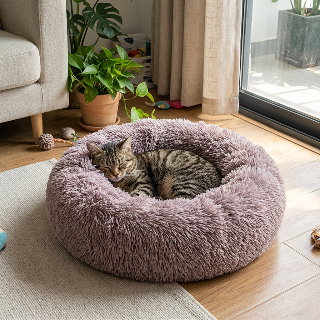 Fluffy Donut Cat Bed, Round Plush Calming Nest