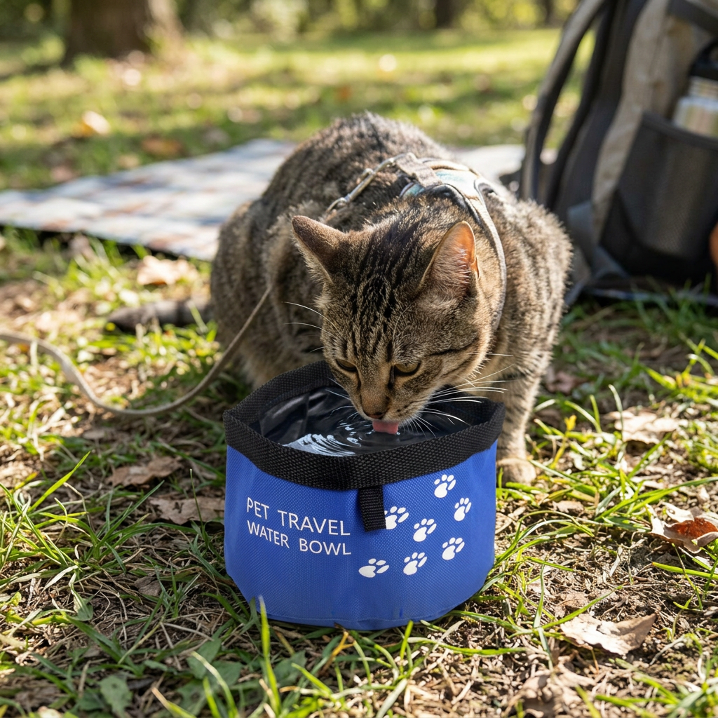 Portable Fabric Pet Bowl for Cats, Packs Flat for Travel