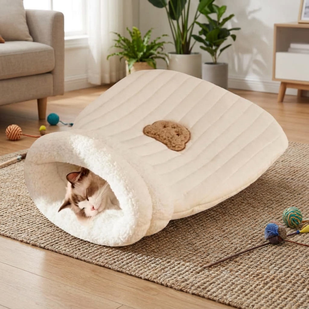 Plush Cat Sleeping Bag, Cozy Hideaway Cave Bed