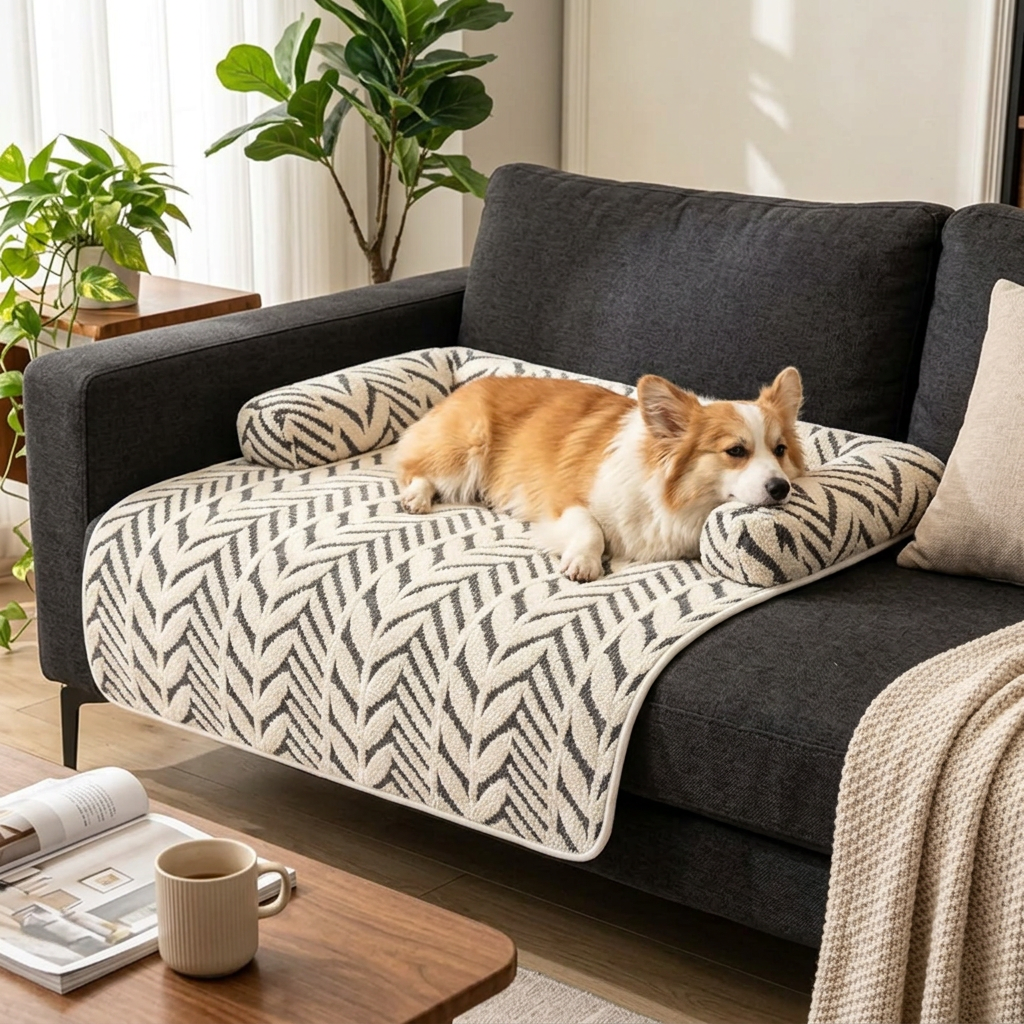 Calming Dog Couch Bed Mat with Bolster, Fluffy Sofa Cover