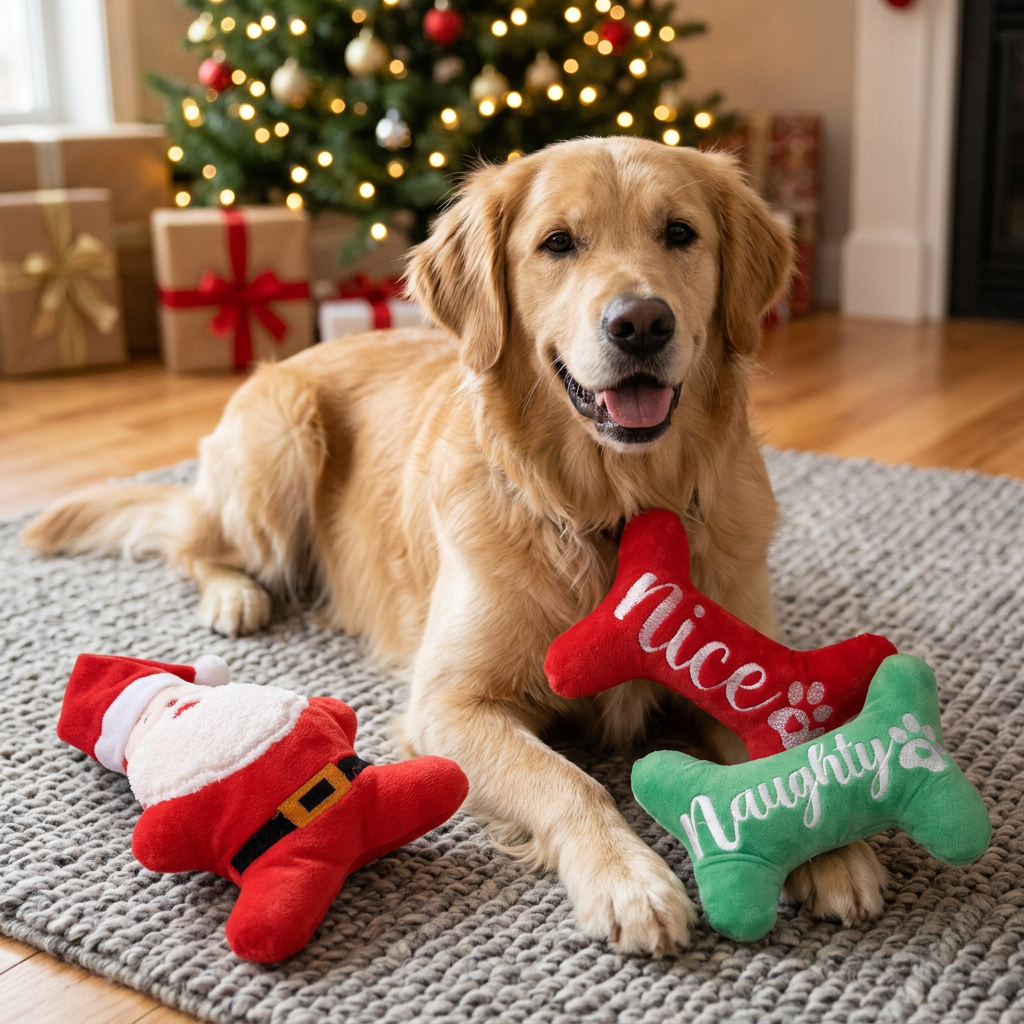 Christmas Squeaky Plush Dog Toy Santa and Holiday Bone