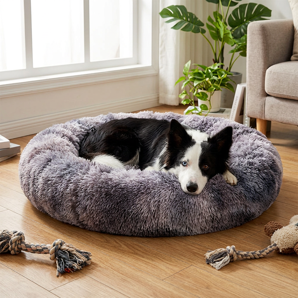 Fluffy Donut Dog Bed, Long Plush Calming Round Cushion