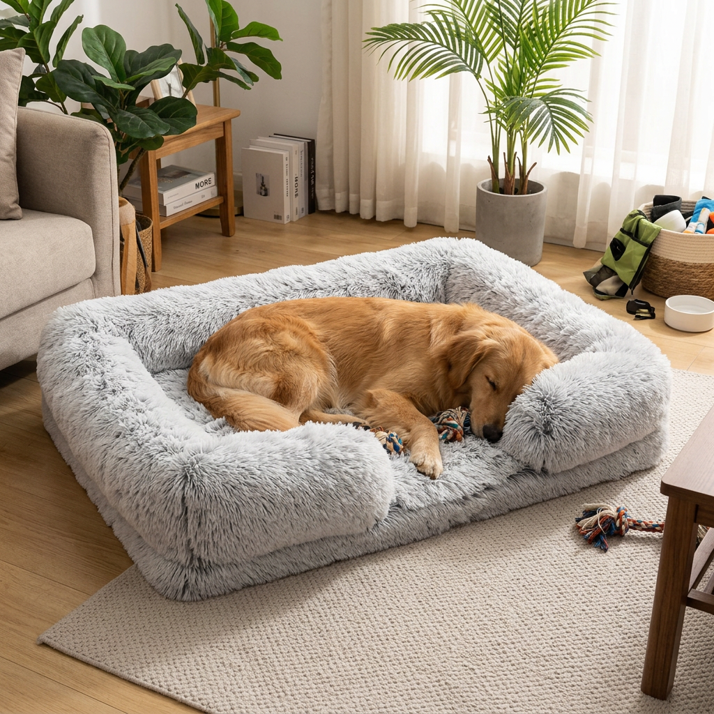 Plush Rectangle Dog Bed with Removable Cushion