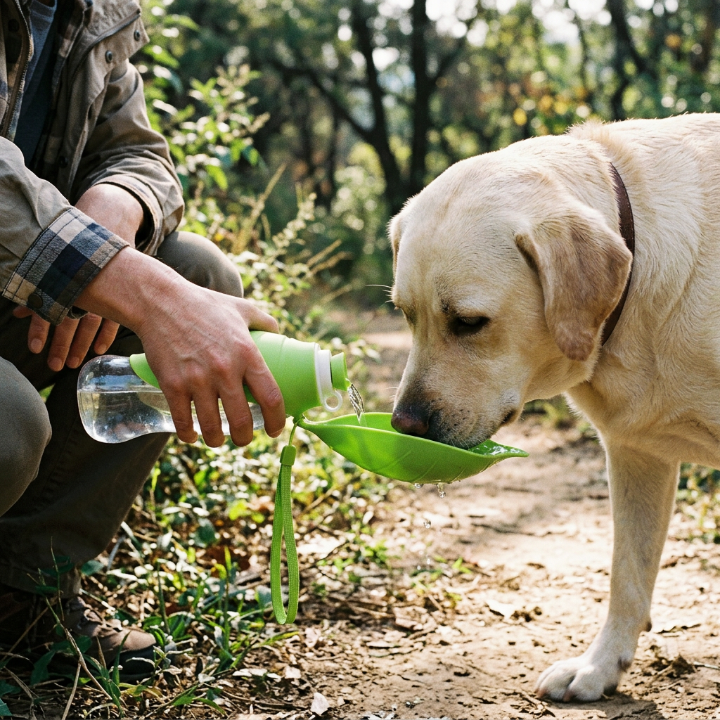 Leaf Dog Water Bottle 600ml with Flip-Up Drinking Bowl