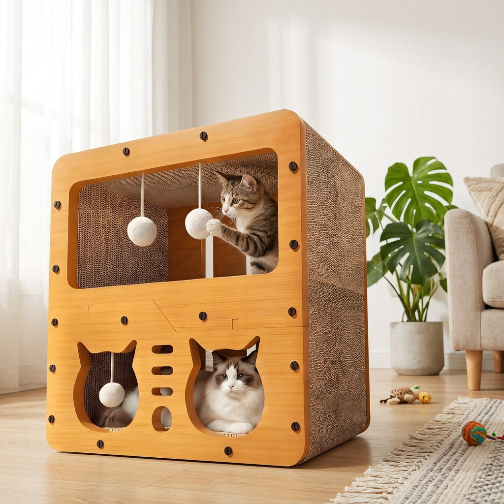 Two-Tier Cardboard Cat House with Scratching Lounge & Ball