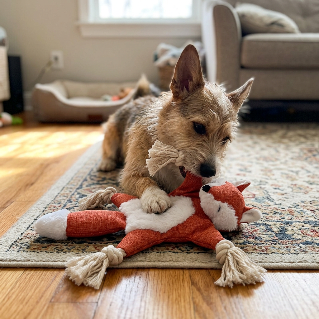 Stuffless Fox Dog Toy with Squeaker and Crinkle Rope