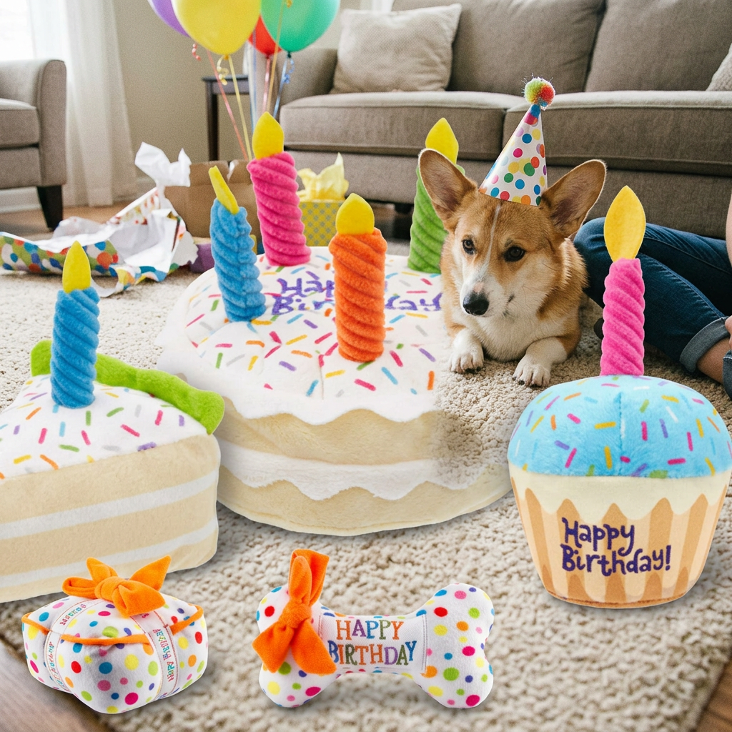 Dog Birthday Squeaky Plush Toy Cake Gift Box Bone