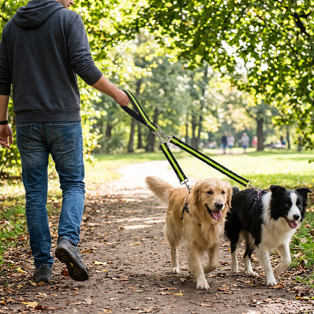 Double Dog Leash Coupler with Bungee Split for Two Dogs