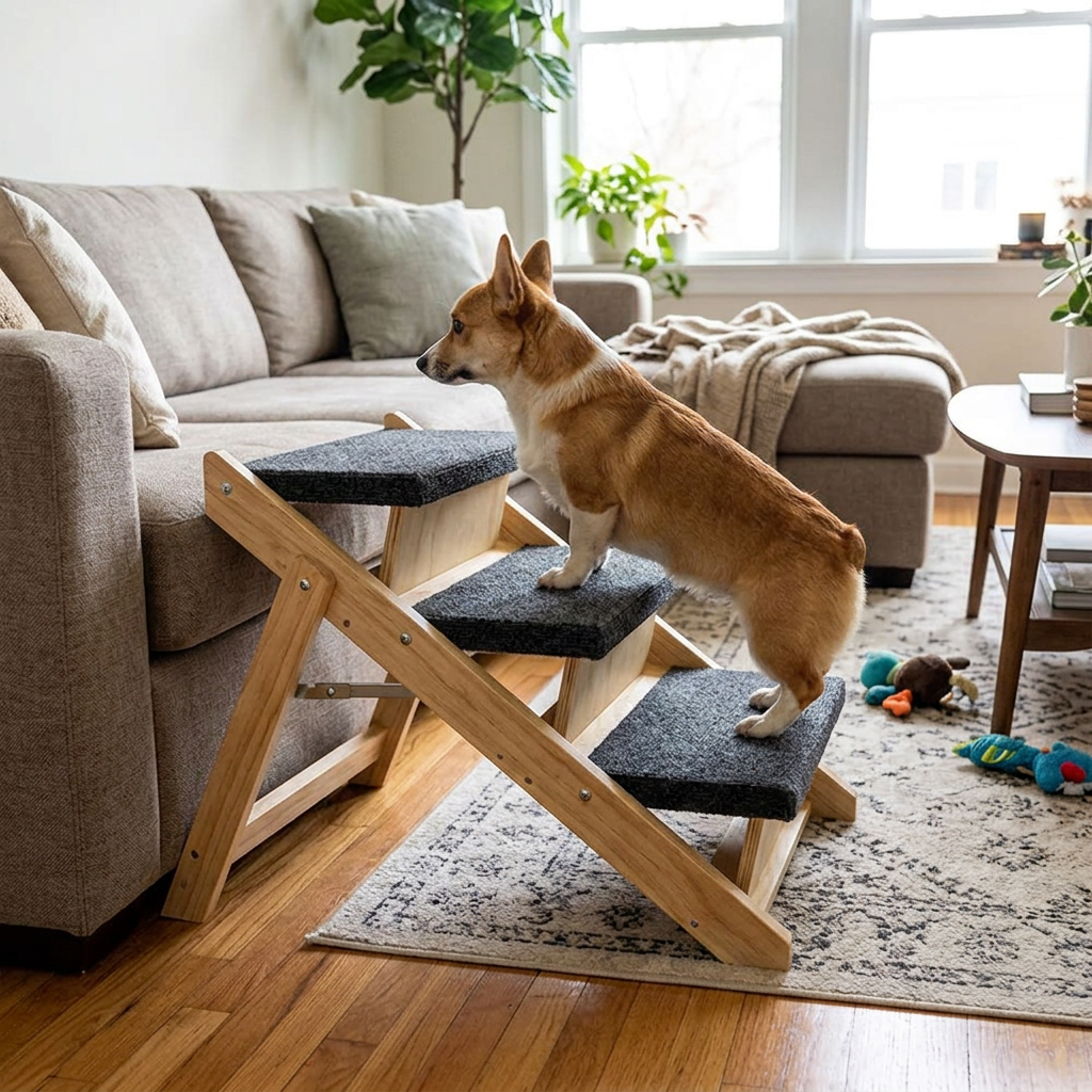 2-in-1 Wooden Dog Stairs & Ramp, Foldable 3-Step Pet Steps