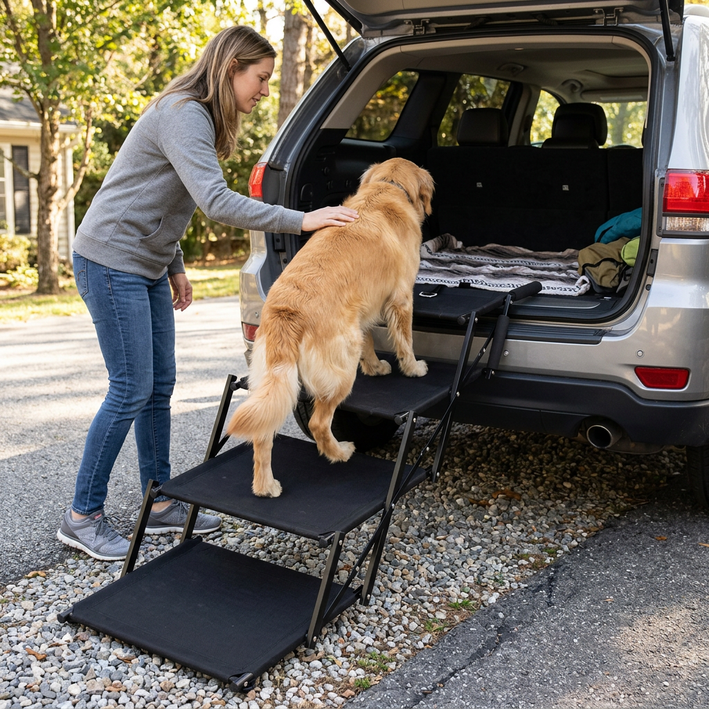 Extra Wide Folding Dog Stairs for Cars & High Beds, 5 Steps