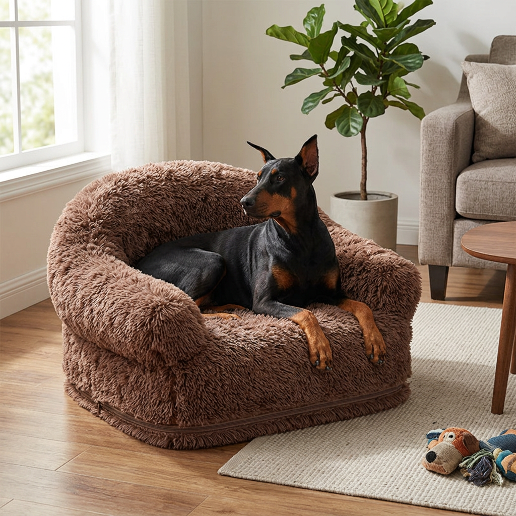 Plush Dog Sofa Bed with Zip-Off Washable Cover