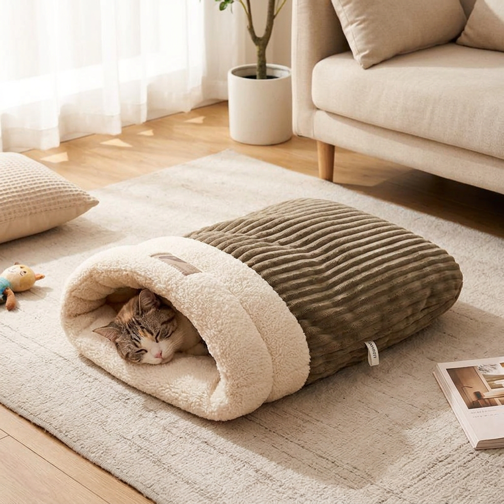 Plush Semi-Enclosed Cat Sleeping Bag, Lambswool Lined