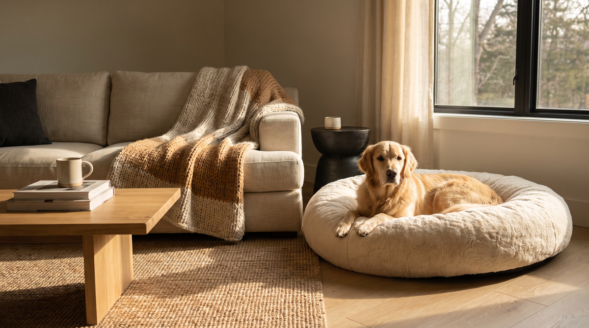 Golden retriever relaxing on a round donut dog bed in a sunny living room