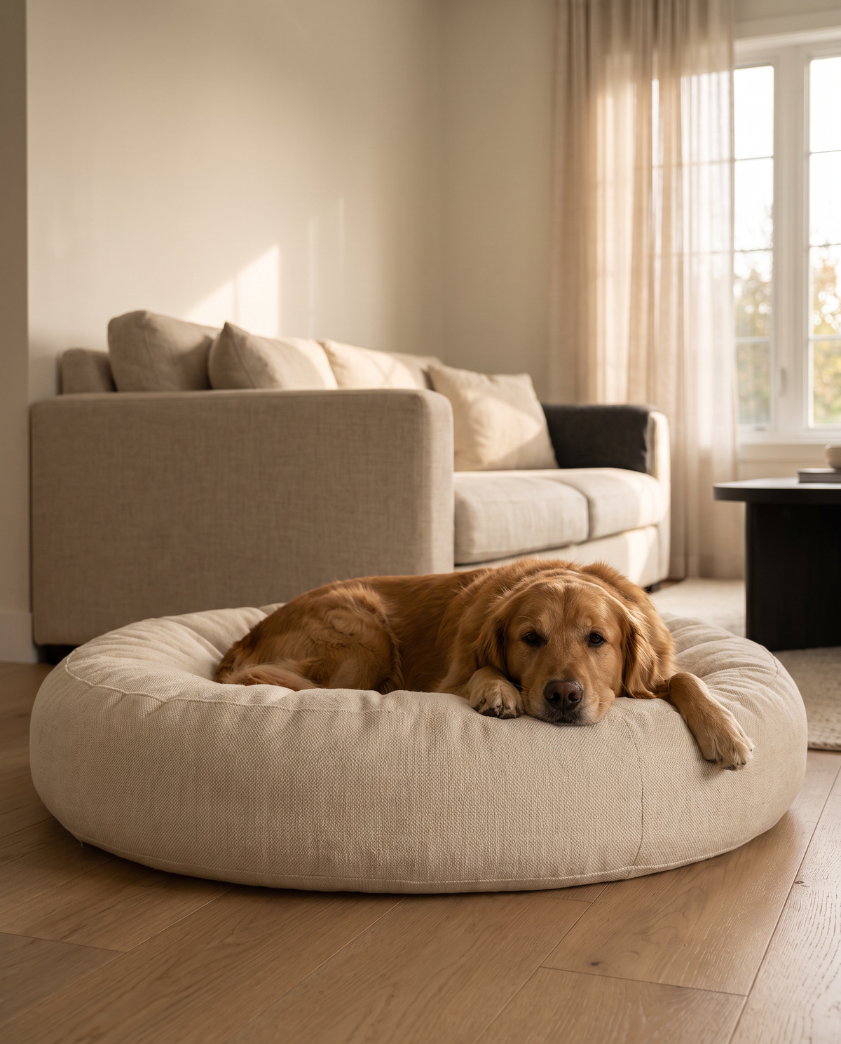 Golden retriever resting on a plush donut dog bed