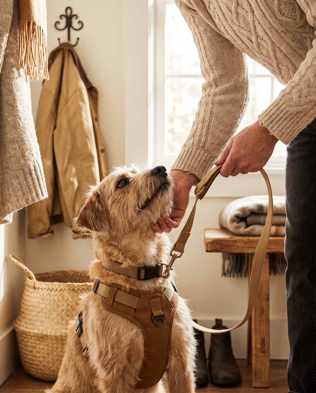 Owner clipping a leash onto a dog harness before a morning walk